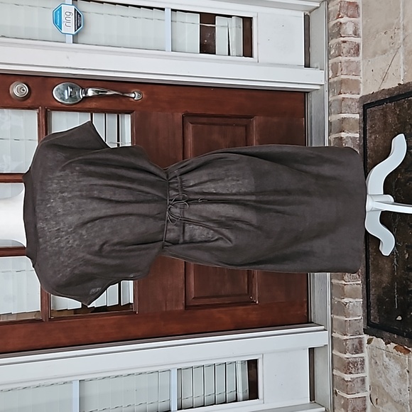 Theory Chocolate Brown Olive Sheer Deep V Silk Linen Double Strap Dress - Picture 3 of 5